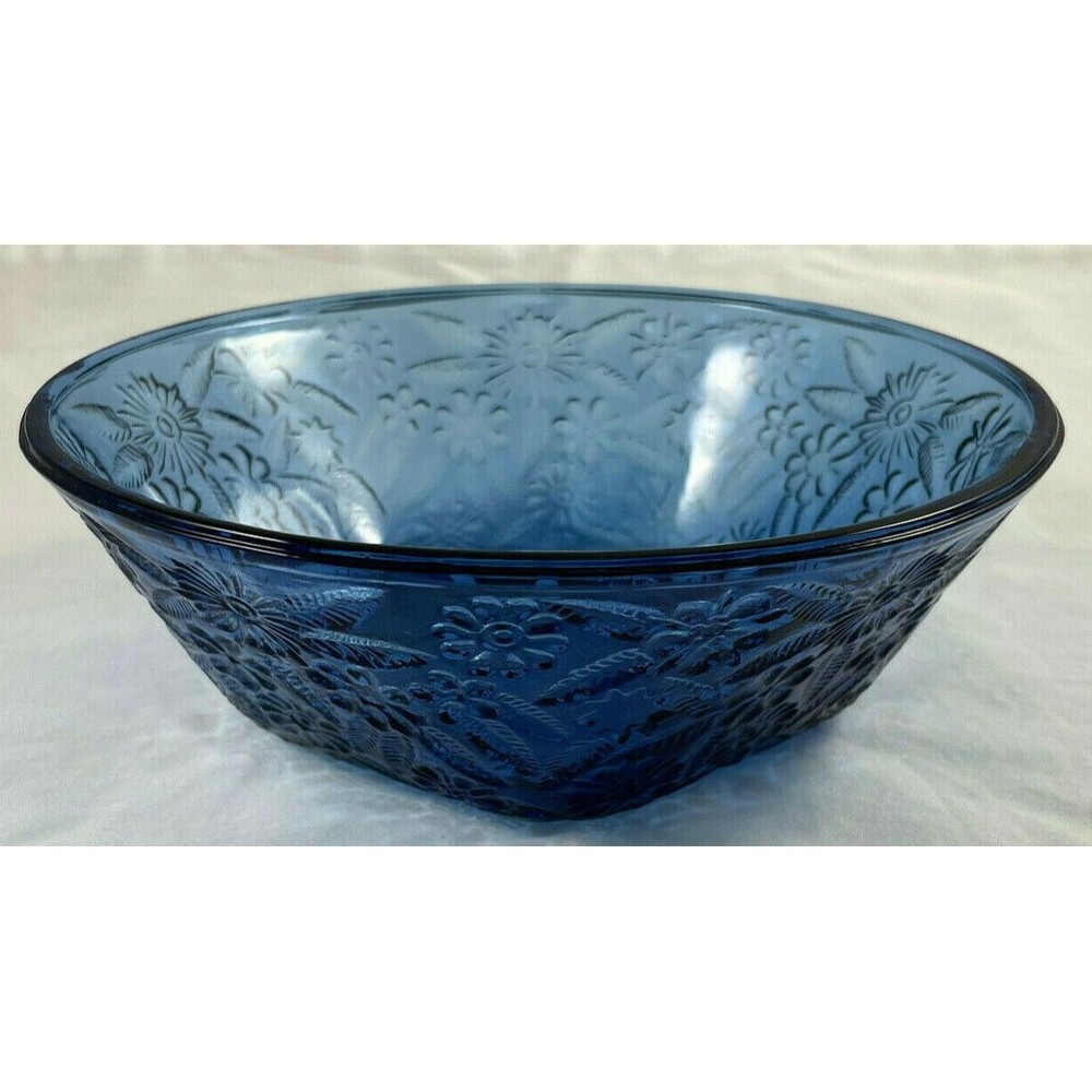 Pineapple Floral Serving Bowl Deep Blue Indiana Glass MCM 7.5" Vintage
